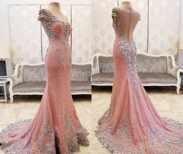 

luxury lace crystals beaded pink prom dresses sheer neck mermaid back buttons robe de soiree evening dress abiye gece elbisesi, Black;red