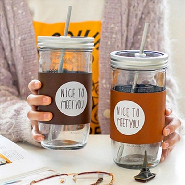 

1pcs 650ml alphabet fruit glass mason drink cup with cover and pipette cold drinking coffee salad ice sand water mugs