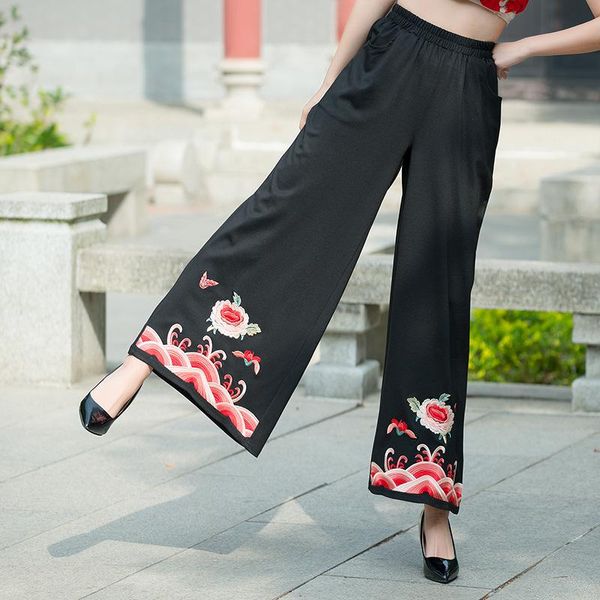 

women's pants & capris summer spring plus size wide leg women elegant ethnic vintage art embroidery elastic high waist trousers long lo, Black;white