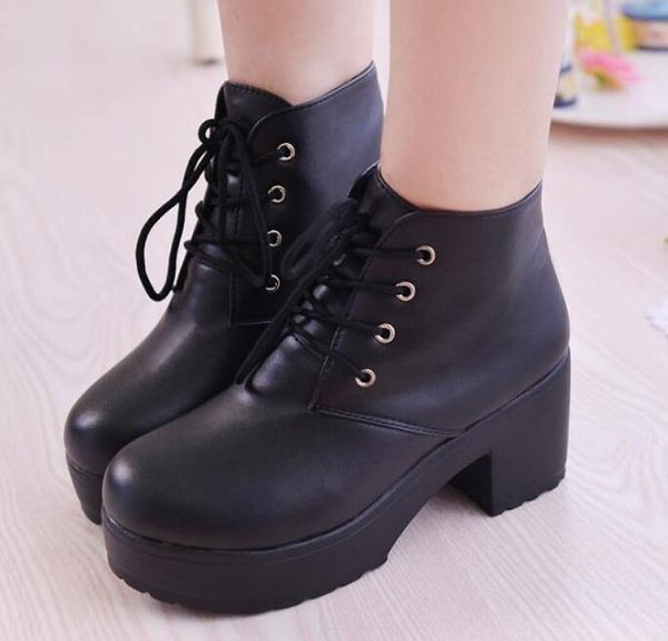 

boots women platform shoes lace up pu leater white black chunky heels woman 35-41