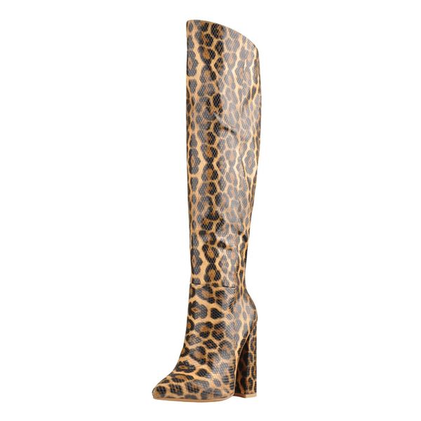 

womens 10cm high heels knee high size zippre boots chunky leopard block heels dress party pull on thick booties, Black