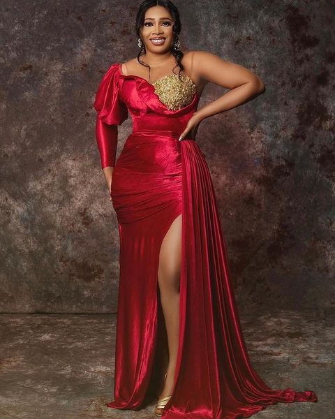 

2022 plus size arabic aso ebi dark red prom dresses sheer neck high split evening formal party second reception bridesmaid gowns dress zj277, Black
