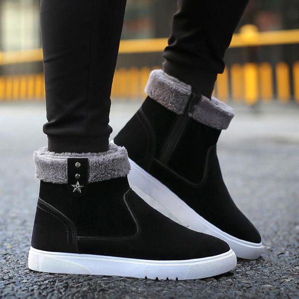 

boots snow men's warm shoes male winter slip on thicken plush cotton high- casual man side zipper black grey