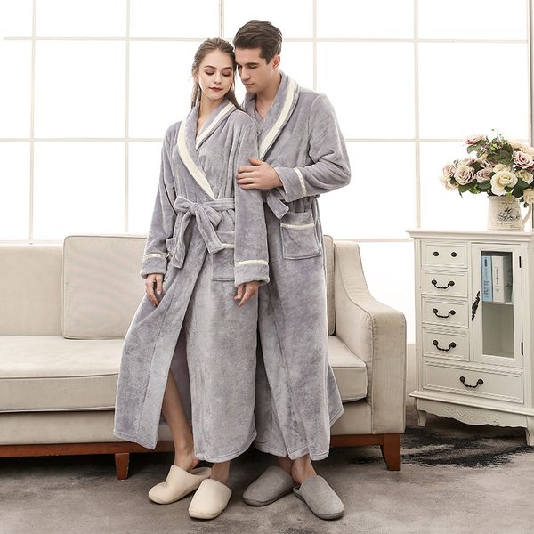 

men winter extra long thick thermal bathrobe mens luxury flannel warm kimono bath robe women fur robes male soft nightgown, Black;red