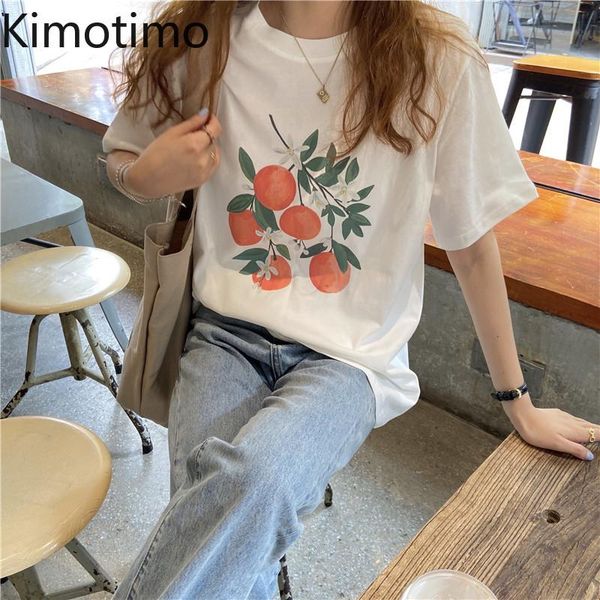 

kimotimo women t-shirt short-sleeved tees female ins watercolor printing all-match 2021 summer loose korean graphic women's, White