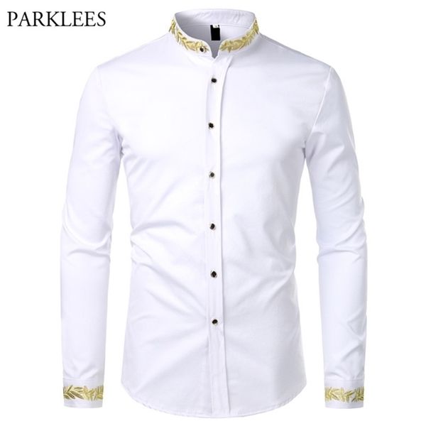 Ouro bordado branco camisa masculina marca gola dos homens camisas de vestido casual magro manga longa chemise homme masculina 220222