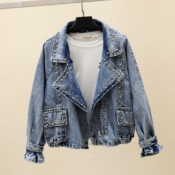

women's jackets [ewq] 2021 spring autumn lapel long sleeve towboy patchwork single breasted vintage denim jacket women coat 3ak06701, Black;brown