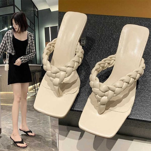 

ladies fashion high heel slippers leather weave women square toe slipper flip flop women's casual shoes female mules 2021 summer h0827, Black