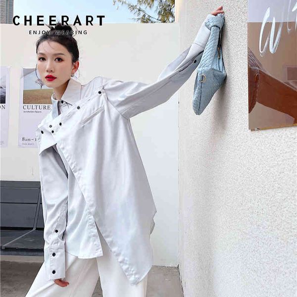 

designer silver long sleeve shirts for women collared asymmetrical and bloues satin loose shirt fashion 210427, White