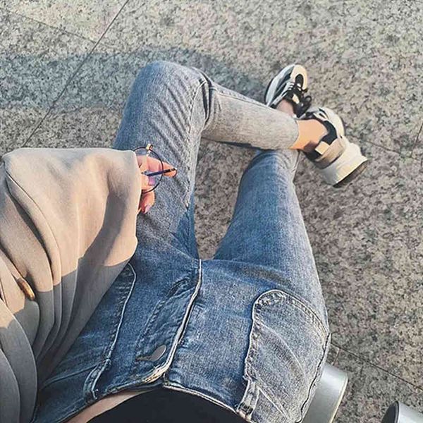 

korean vintage high waist elastic skinny jeans women streetwear tight denim straight leg ankle-length pants slim pencil trousers, Blue