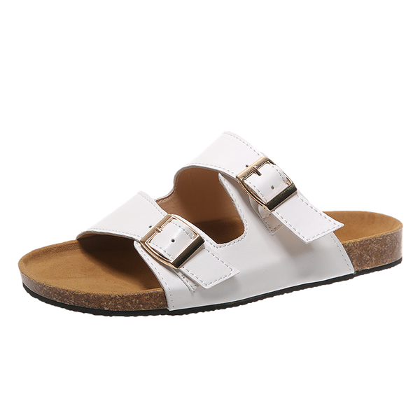 

plus size 43 woman double buckle cork slippers platform ladies beach outdoor pu leather shoes 42 flat slides chaussure, Black