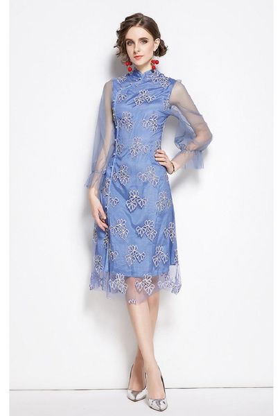 

casual dresses autumn women elegant chinese cheongsam embroidery mesh patchwork fashion lace sheath office party dress vestidos, Black;gray