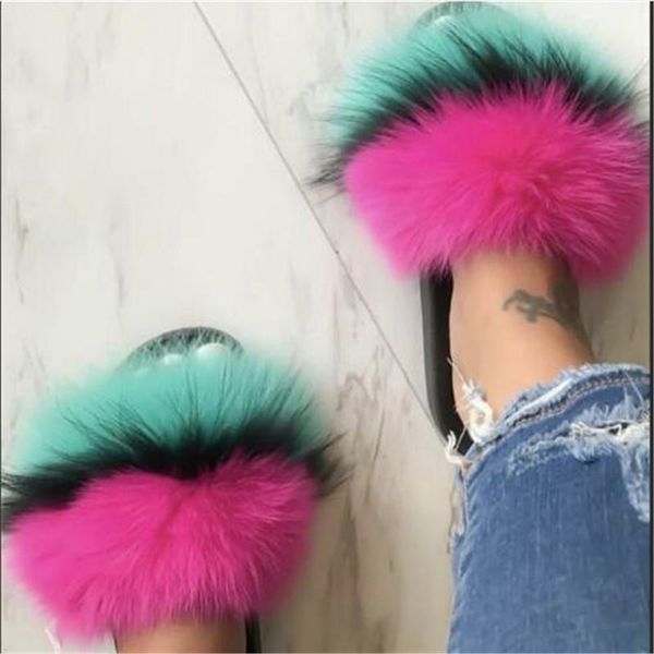 

slippers women's autumn real fur fluffy plush sandals woman slides female furry flip-flops plus warm shoes size 36-45, Black