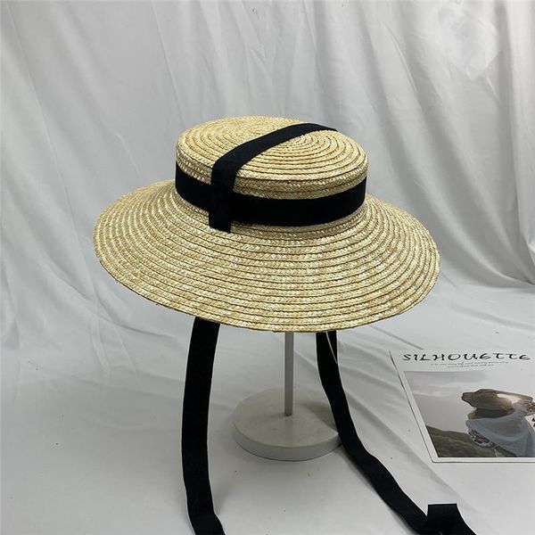 

wide brim hats 202106-nu classic long black ribbon handmade straw 10cm holiday lady sun cap women leisure beach hat, Blue;gray