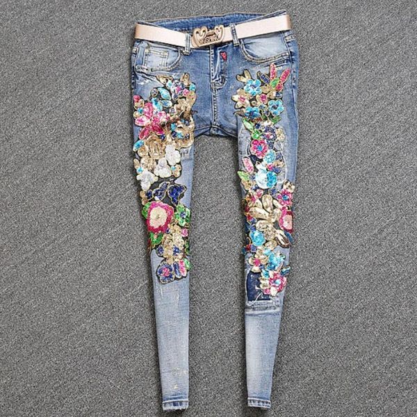 

women's jeans 2021 spring autumn fashion women bronzing sequins flowers worn mid waist skinny pencil plus size 2xl, Blue