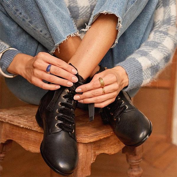 

boots women ankle low heels vintage pu leather lace up shoes woman chaussure zapatos mujer gladiator plus size booties d1531, Black