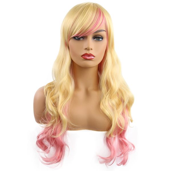 65 cm Uzun Cosplay Sentetik Saç Peruk Sarışın Pembe Mix Renk Dalga Perruques De Cheveux Gazi KW-010