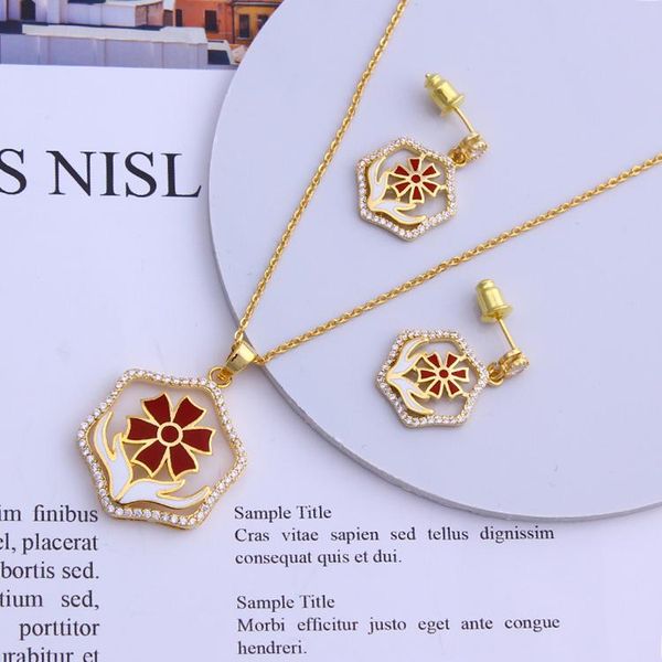 

earrings & necklace fashionable jewelry set zircon enamel holding flowers sets round pendant party gifts, Silver