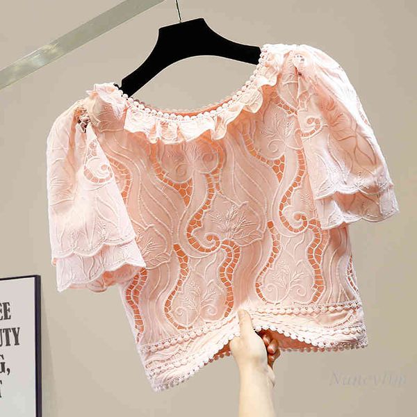

blouses fashion pleated hollow lace shirt women temperament all-matching short sleeve blouse girls ladies all-match crop blusas, White
