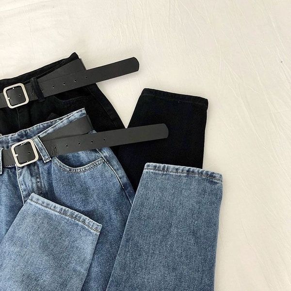 

2021vintage high waist jeans women solid straight pants loose casual high street denim trousers pantalon femme plus size with belt, Blue