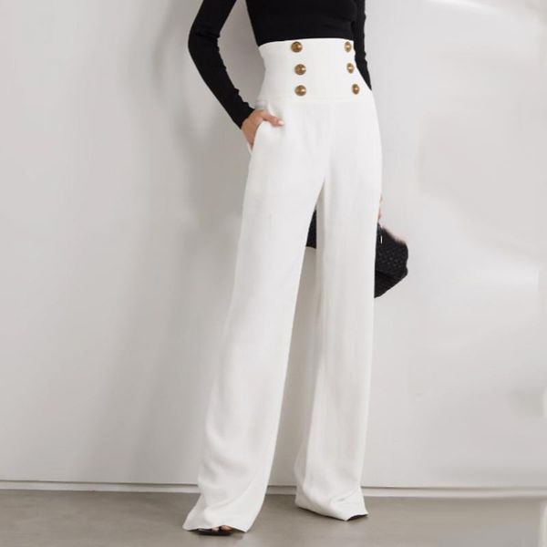 

women's pants & capris harleyfashion trendy women summer elegant empaire waist buttons full length solid casual white wide-leg, Black;white