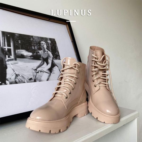 

boots patent leather chunky platform ankle women round toe lace-up ins chic shoes 2021 autumn/winter, Black