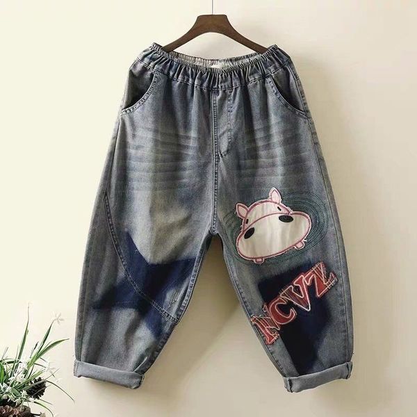 

jean spring summer arts style women elastic waist patchwork embroidery vintage jeans loose casual cotton denim harem pants m225 xeib, Blue