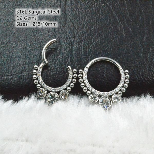

10pcs/lot 316l surgical steel seamless hinged segment ring 16g cz gem clicker ear cartilage nose hoop septum body piercing, Silver