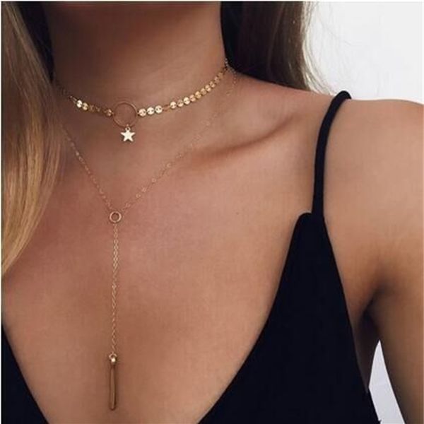 

fashion jewelry simple street snecklace handmade sequin star tassel collarbone circle hanging rod necklace, Silver