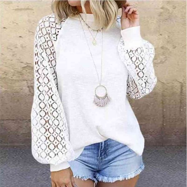

t shirt elegant lace long sleeve shirt women vintage hollow out o neck solid autumn female casual tees tshirt 210324, White