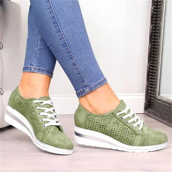 

women wedge shoes new autumn hollow breathable female casual footwear lace up meddle heel pointed toe ladies shoes, Black