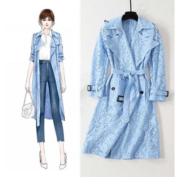 

women's trench coats women /autumn summer hollow-out lace coat elegant belt wind windbreaker a646, Tan;black