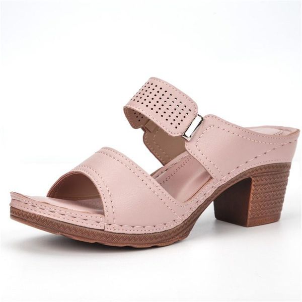 

sandals 2021 women's comfortable summer square heel shoes simple casual high heels ladies pink slipper are designed, Black