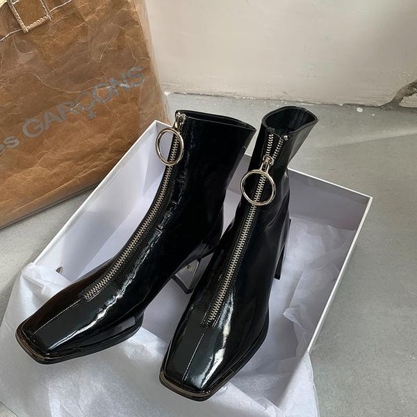 

boots women stylish front zip square toe thin platform chunky heel lady metal ring decor all match ankle, Black
