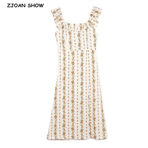 

vintage french style striped floral print sleeveless women dress ruffles square collar hem slit tank dresses beach holiday 210429, Black;gray