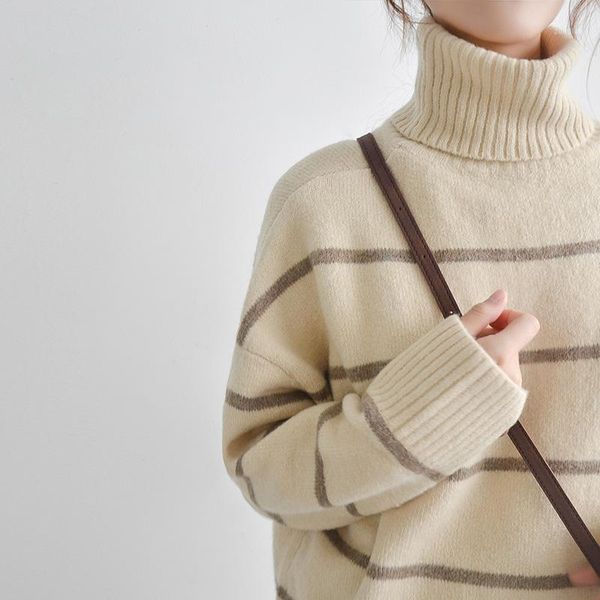 

womens vintage fashion thicken striped knitted sweaters 2021 winter korean casual turtleneck long sleeve pullovers female z507 women's, White;black