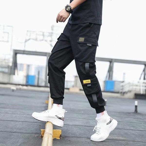 

men's side pockets cargo harem pants 2021 ribbons black hip hop casual male joggers trousers fashion streetwear