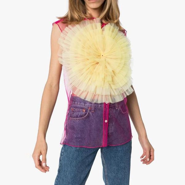 

chic trendy sleeveless blouse shirts women 2021 flower pleated ruffle tulle party ruffles women's blouses &, White