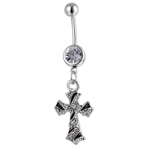 

d0791f cross belly navel button ring clear color, Silver
