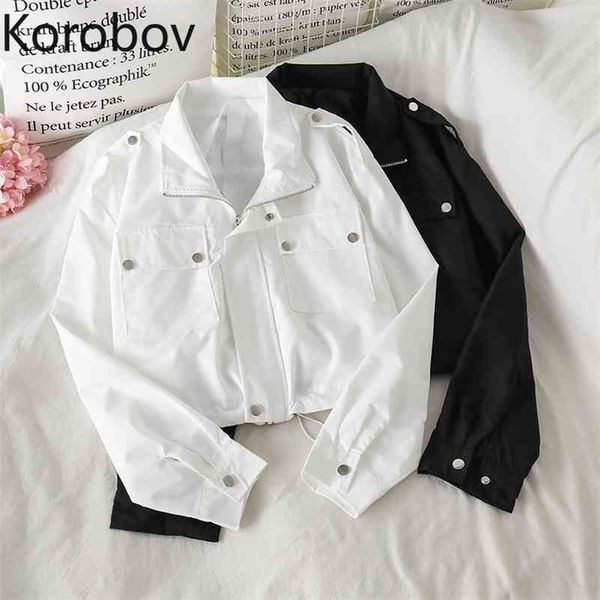 

korobov new chic korean pockets outwear coats vintage solid crop streetwear jackets female zipper chaqueter mujer 210430, Black;brown