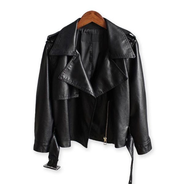 

women's leather & faux 2021 loose lady pink blue coat soft pu motorcycle jacket street outwear autumn ladies biker, Black