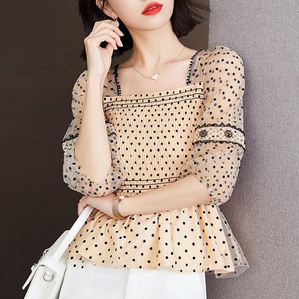 

women's blouses & shirts 2021 summer women clothes short-sleeved ruffles lace sweet polka dot square neck chiffon blouse shirt, White