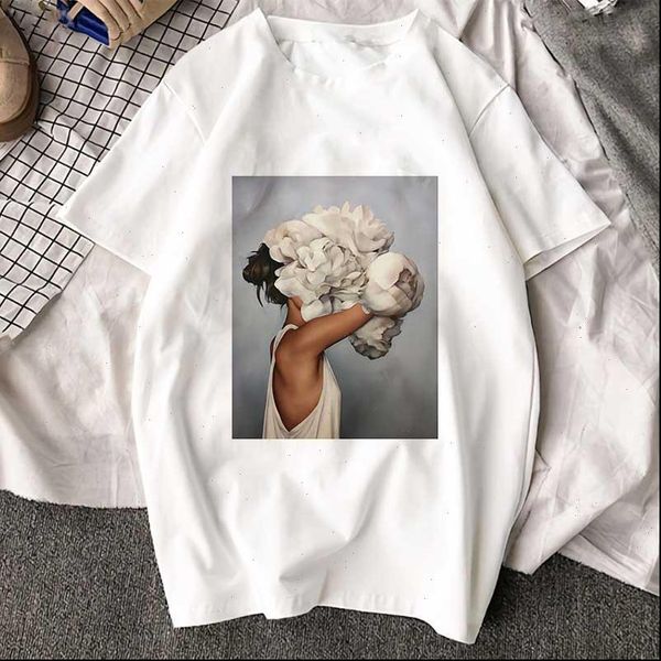 

women t shirt arrival harajuku aesthetics tshirt flowers feather print short sleeve tees fashion casual couple, White