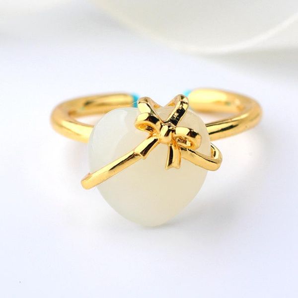 

cluster rings of natural temperament hetian jade cold wind female ring 925 gold-plated silver inlaid heart-shaped gifts, Golden;silver