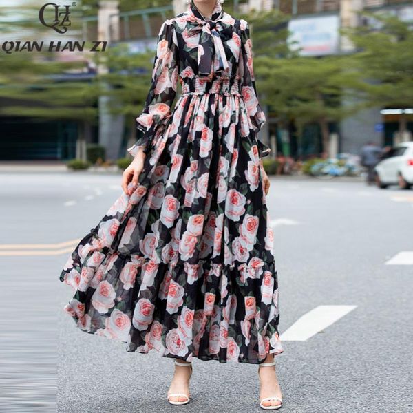 

casual dresses qian han zi designer fashion runway maxi dress women's long sleeved bow vintage flower print ruffled chiffon beach, Black;gray