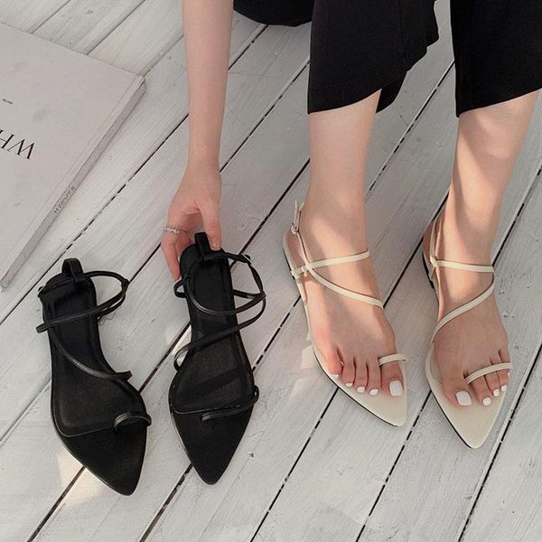 

sandals 2021 summer casual women sandal shoes flat heel pointed toe slides ladies narrow band slip on open rome female, Black