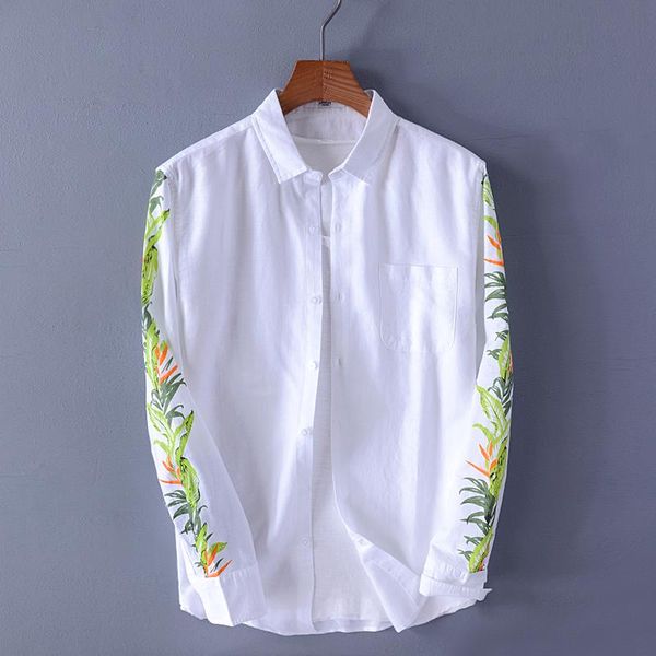 

men's cotton and linen long-sleeved printed shirt casual solid seasons men fashion spring shirts male chemise, White;black
