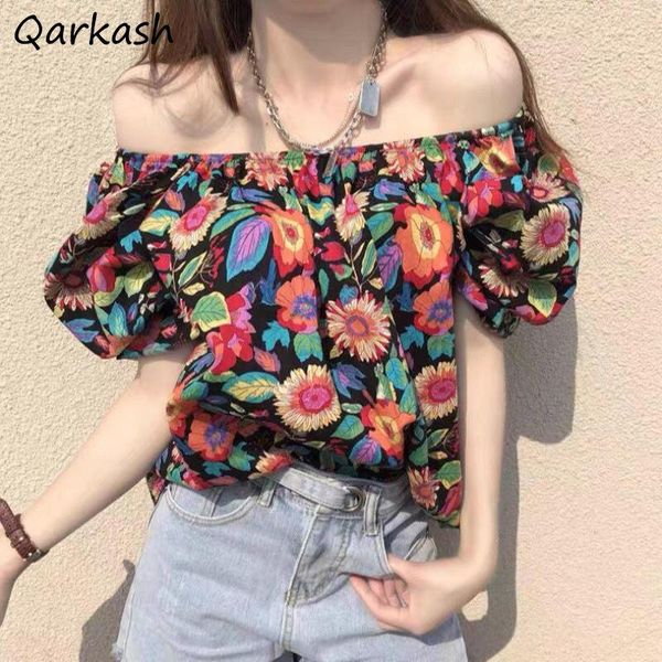 

women's blouses & shirts women floral classic ulzzang sweet summer streetwear blusas female simple preppy style slash neck thin chic vi, White