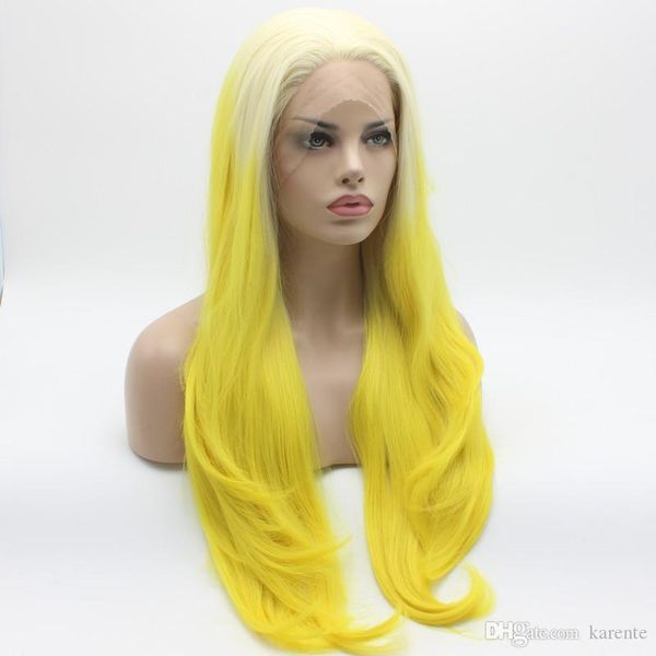 

26inch hair straight extra long light blonde root golden ombre wig half hand tied heat resistant synthetic lace front wigs, Black;brown