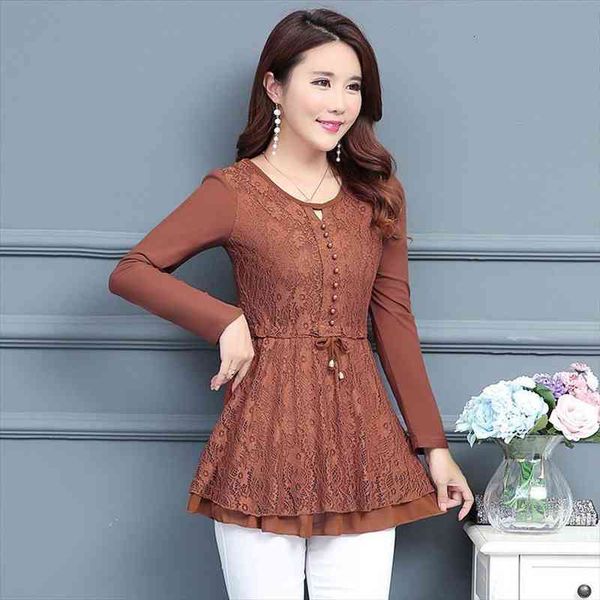 

plus size spring women shirts lace chiffon slim in long shirt wine red black caramel color 8833, White
